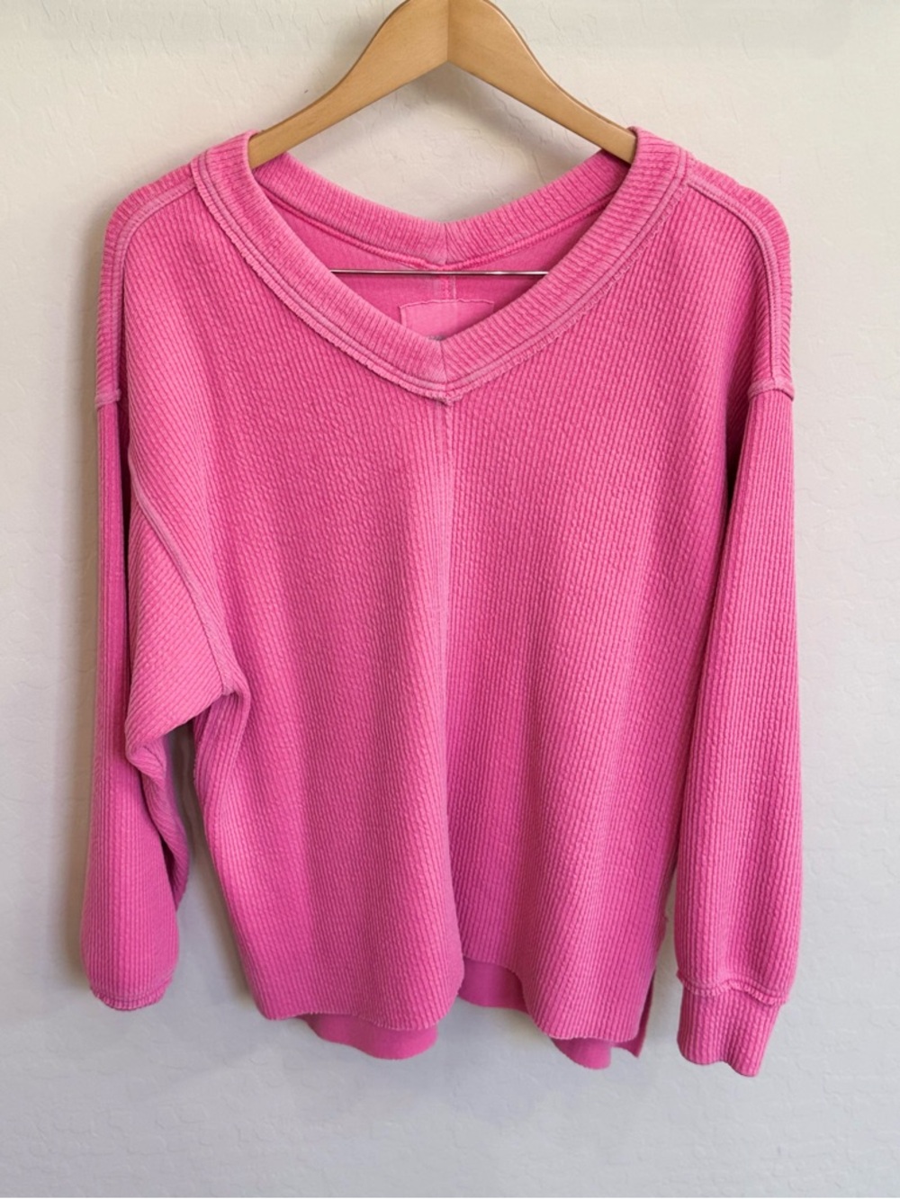Aerie Go-To Pink Oversized Ribbed V-Neck Sweatshirt XS Lounge Barbiecore EUC